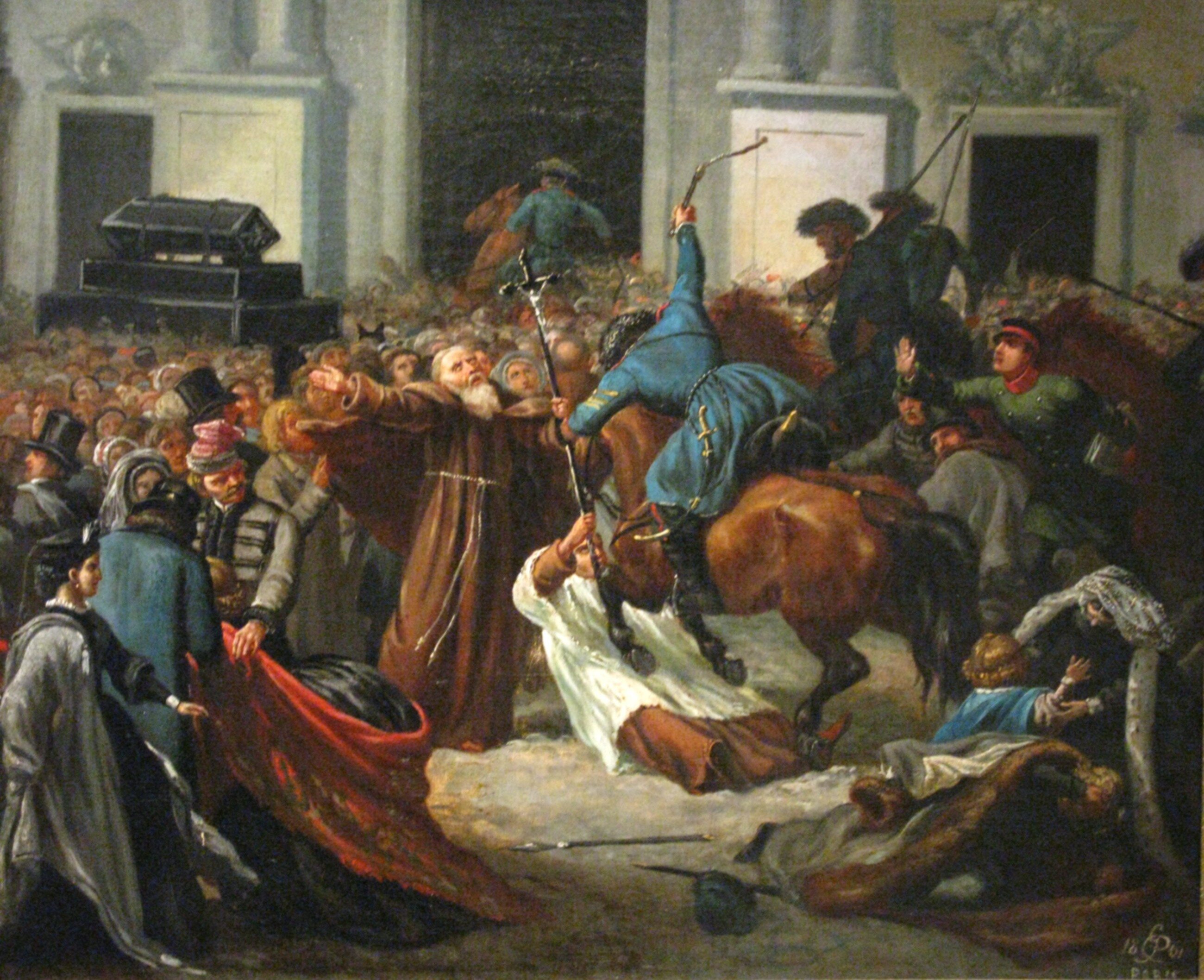 Kozacy pacyfikują nahajkami uczestników demonstracji 27 lutego 1861 roku przed Kościołem św. Anny w Warszawie