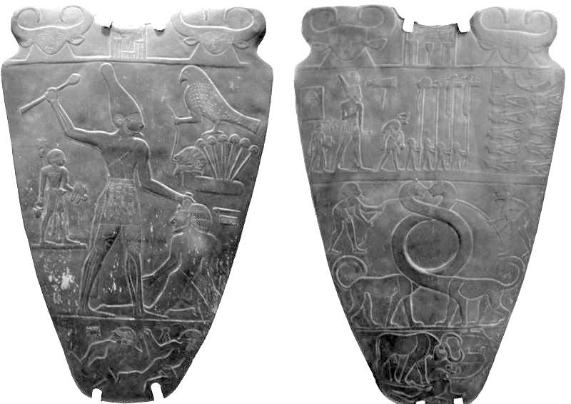 Król na tzw. palecie Narmera (awers i rewers), Muzeum Egipskie w Kairze. Narmer był zapewne ostatnim faraonem z tzw. dynastii Zero