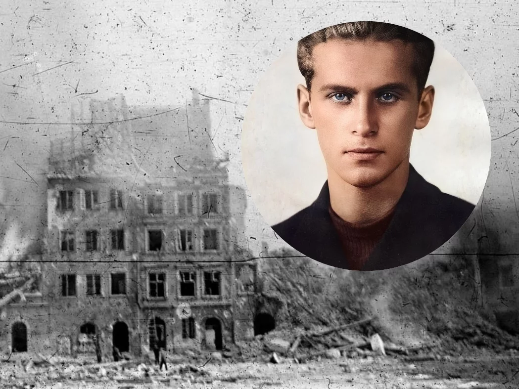 Krzysztof Kamil Baczyński. W tle płonąca Warszawa w trakcie Powstania Warszawskiego