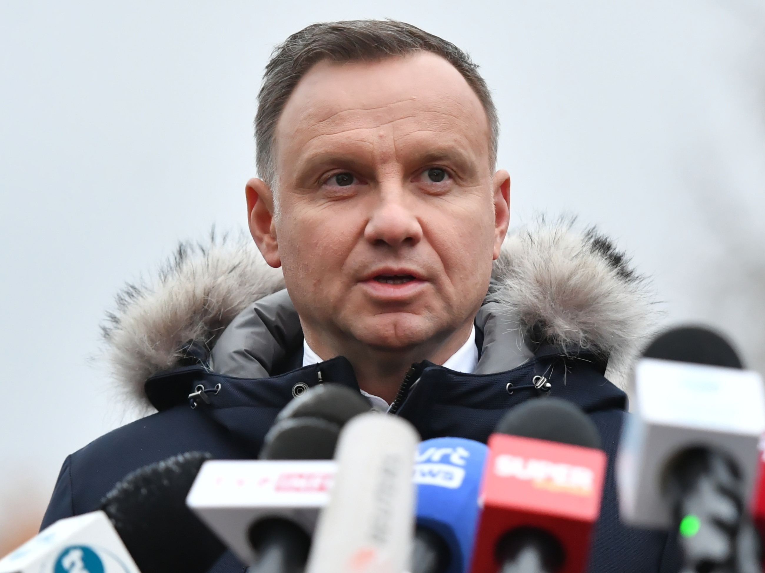 Prezydent RP Andrzej Duda podczas konferencji prasowej w Przewodowie