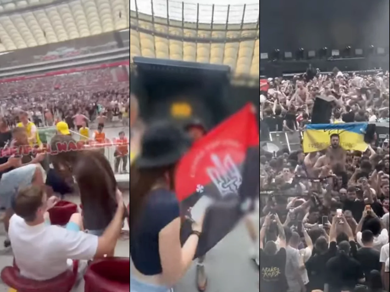 Uczestnicy koncertu białoruskiego rapera Maksa Korża na PGE Narodowym. W środku mężczyzna z flagą UPA