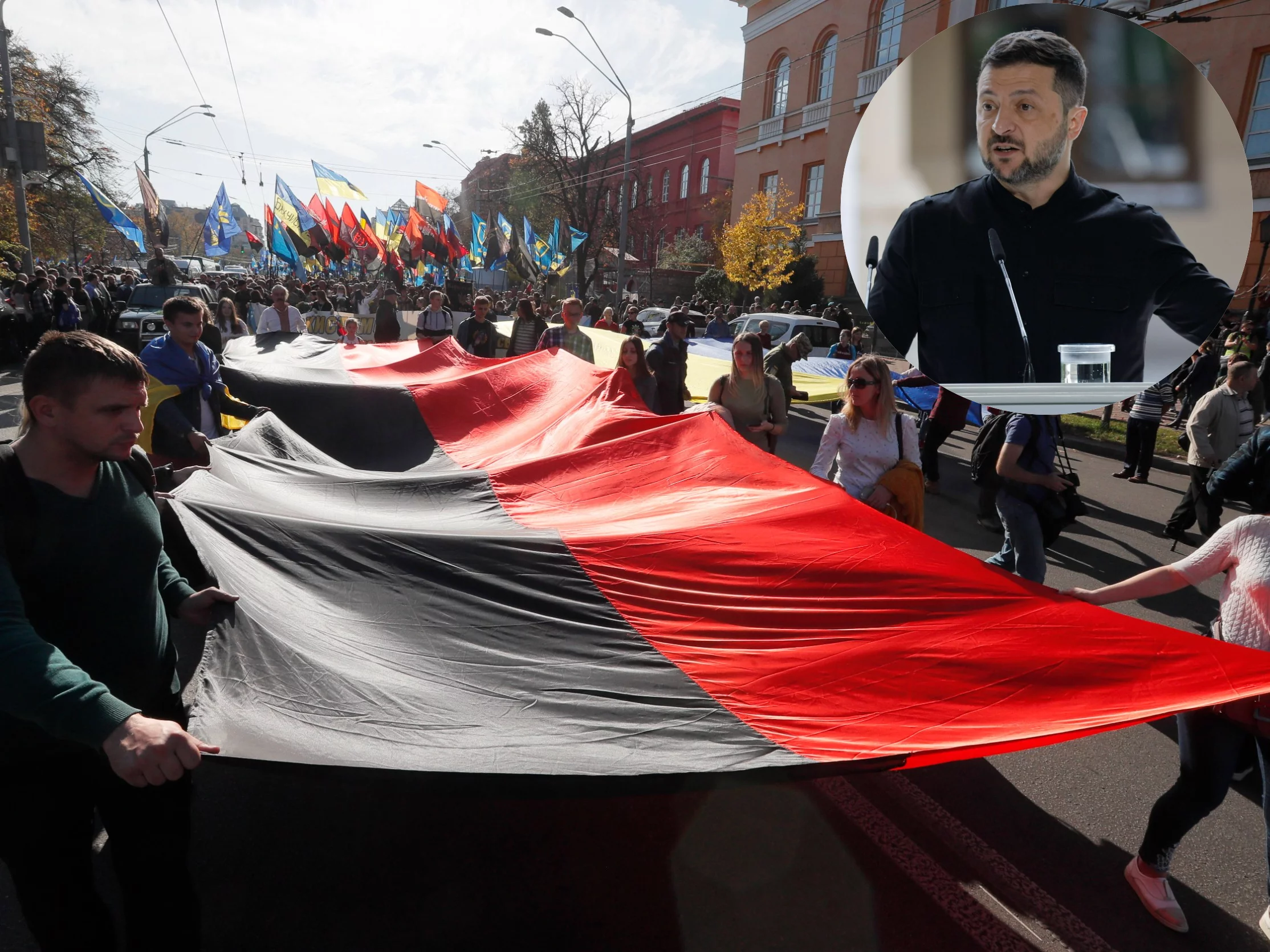 Ukraińcy maszerują w Kijowie z flagą UPA
