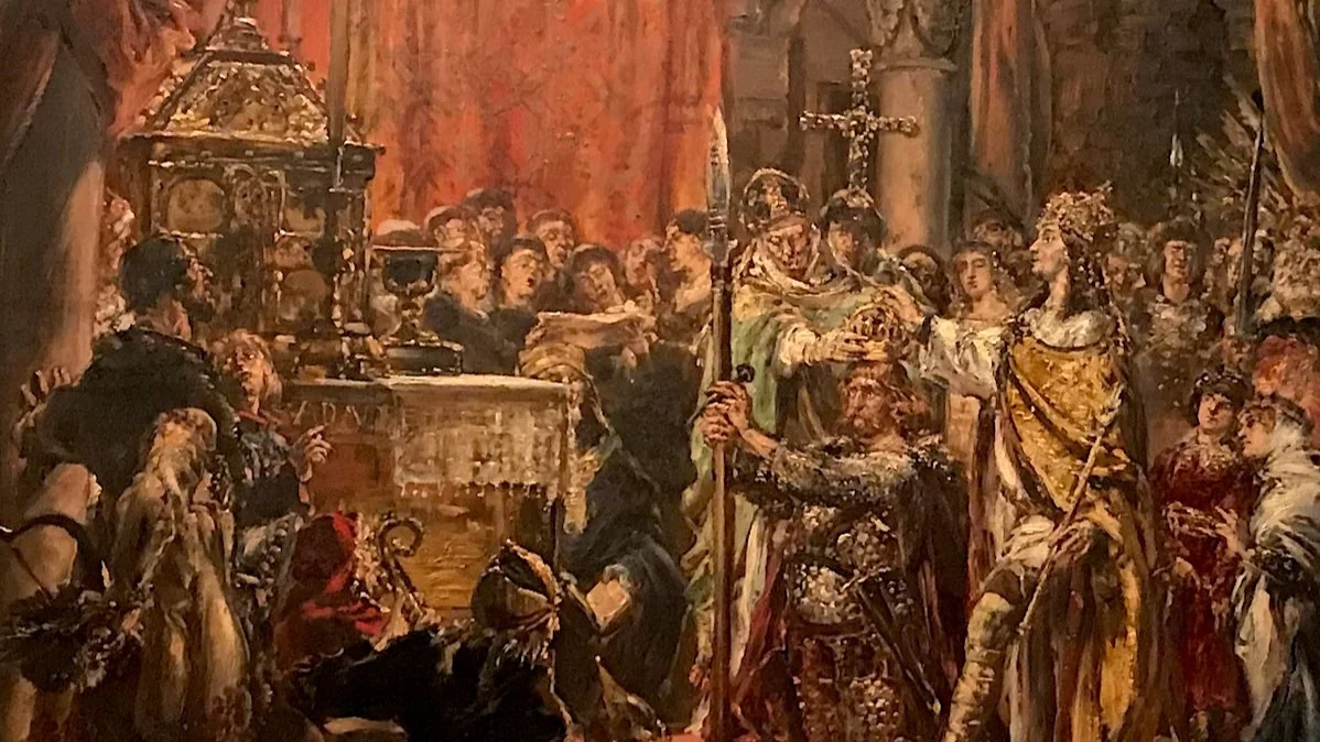 Jan Matejko, „Koronacja pierwszego króla R.P. 1001”, (1889 rok), z cyklu „Dzieje cywilizacji w Polsce”, olej/deska dębowa; wymiary: 79 x 105 cm, wł. Muzeum Narodowe w Warszawie, na ekspozycji Zamek Królewski w Warszawie. Fragment Obrazu