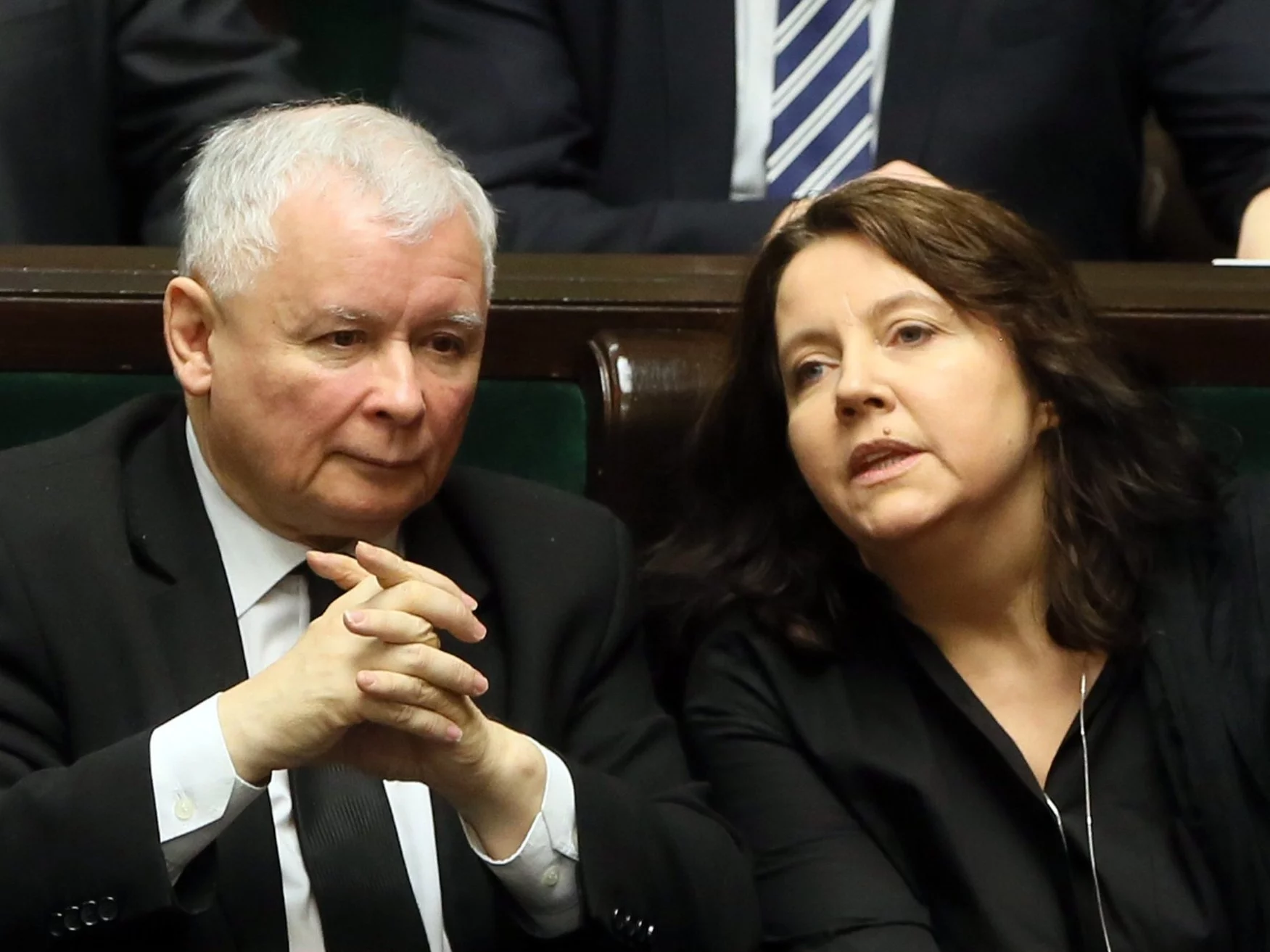 Prezes PiS Jarosław Kaczyński (L) i posłanka Joanna Lichocka (P) podczas posiedzenia Sejmu