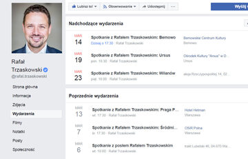 Lista spotkań z posłem i kandydatem na prezydenta Warszawy Rafałem Trzaskowskim (dostępna na Facebooku)