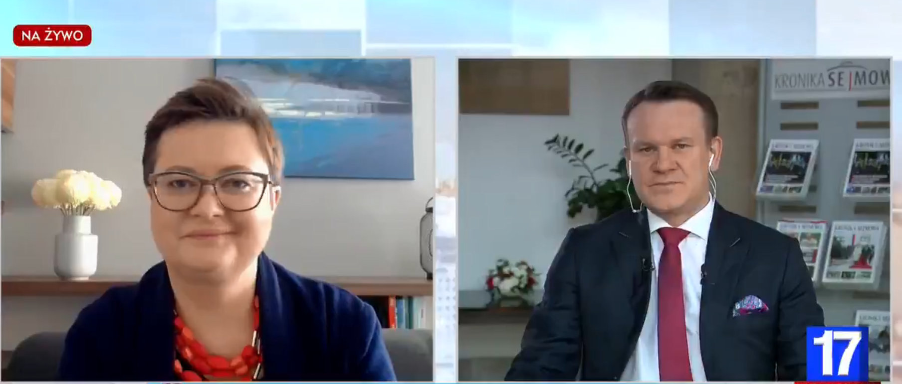 Poseł KO Katarzyna Lubnauer i europoseł PiS Dominik Tarczyński w programie Woronicza 17.