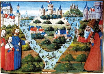 Ludwik Pobożny (po prawej) błogosławiący podział imperium Karolingów w 843 r. pomiędzy trzech synów. Obraz z "Chroniques des rois de France", XV wiek - symboliczne ukazanie traktatu z Verdun