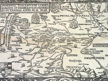 Mapa Sigismunda von Herbersteina zatytułowana "Moscovia" z 1549 umieszcza "Tatarów Nogajskich" na stepie na północ od Kaukazu i Astrachania