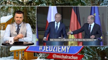 Michał Rachoń w programie "Jedziemy". Obok premier Donald Tusk i kanclerz Niemiec Olaf Scholz