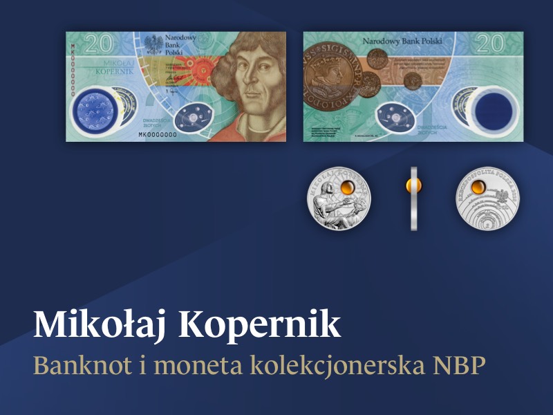 Mikołaj Kopernik na banknocie kolekcjonerskim NBP oraz srebrnej monecie z bursztynem