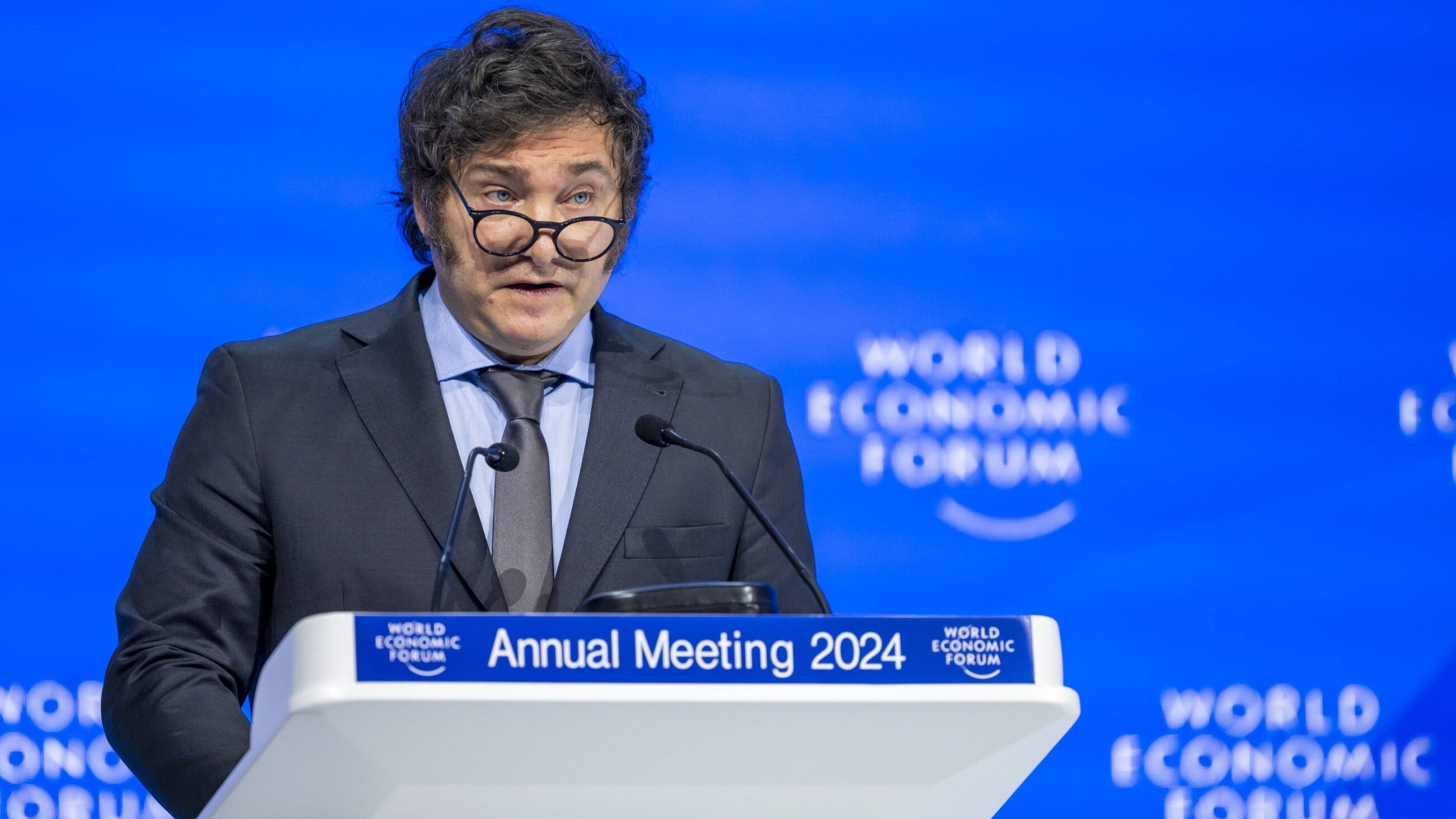 Prezydent Argentyny Javier Milei przemawia podczas Forum Ekonomicznego w Davos. 17.01.2024