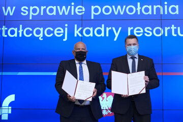 Minister finansów, funduszy i polityki regionalnej Tadeusz Kościński i minister edukacji i nauki Przemysław Czarnek