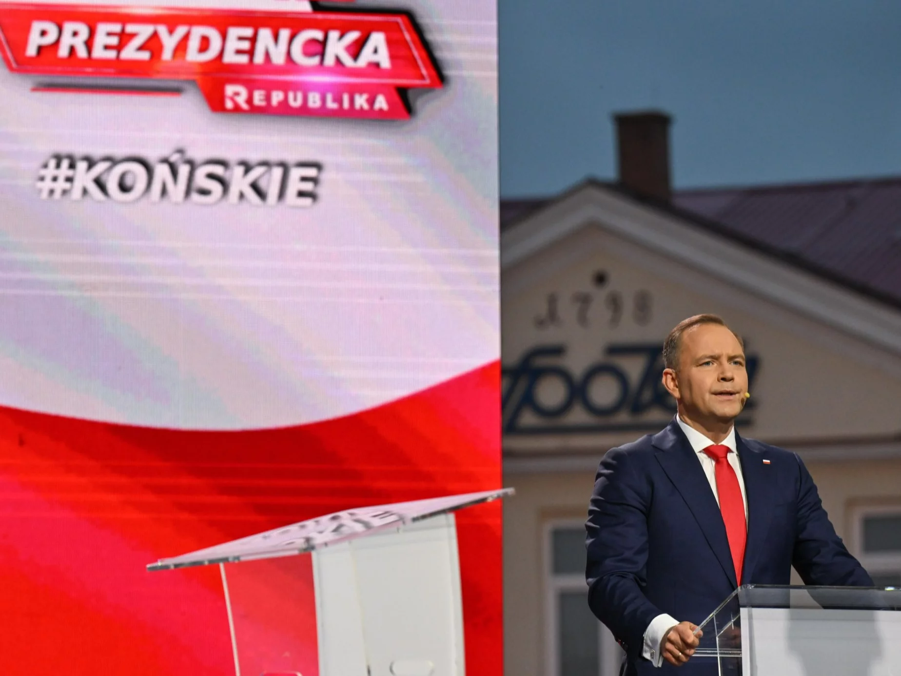 Karol Nawrocki na zorganizowanej przez telewizję Republika debacie przedwybrczej w Końskich