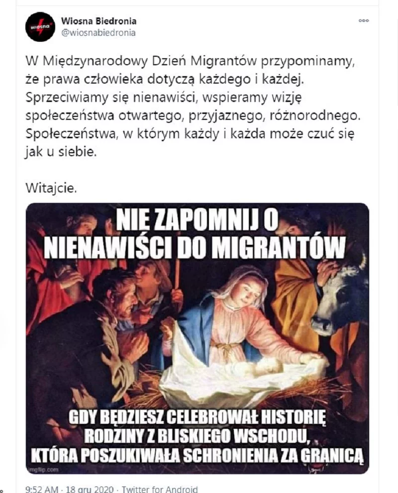 18 grudnia to ustanowiony przez ONZ Międzynarodowy Dzień Migrantów. Nawiązując do tej daty działacze Wiosny Biedronia postanowili skrytykować osoby, które nie popierają całkowitego otwarcia granic dla imigrantów.