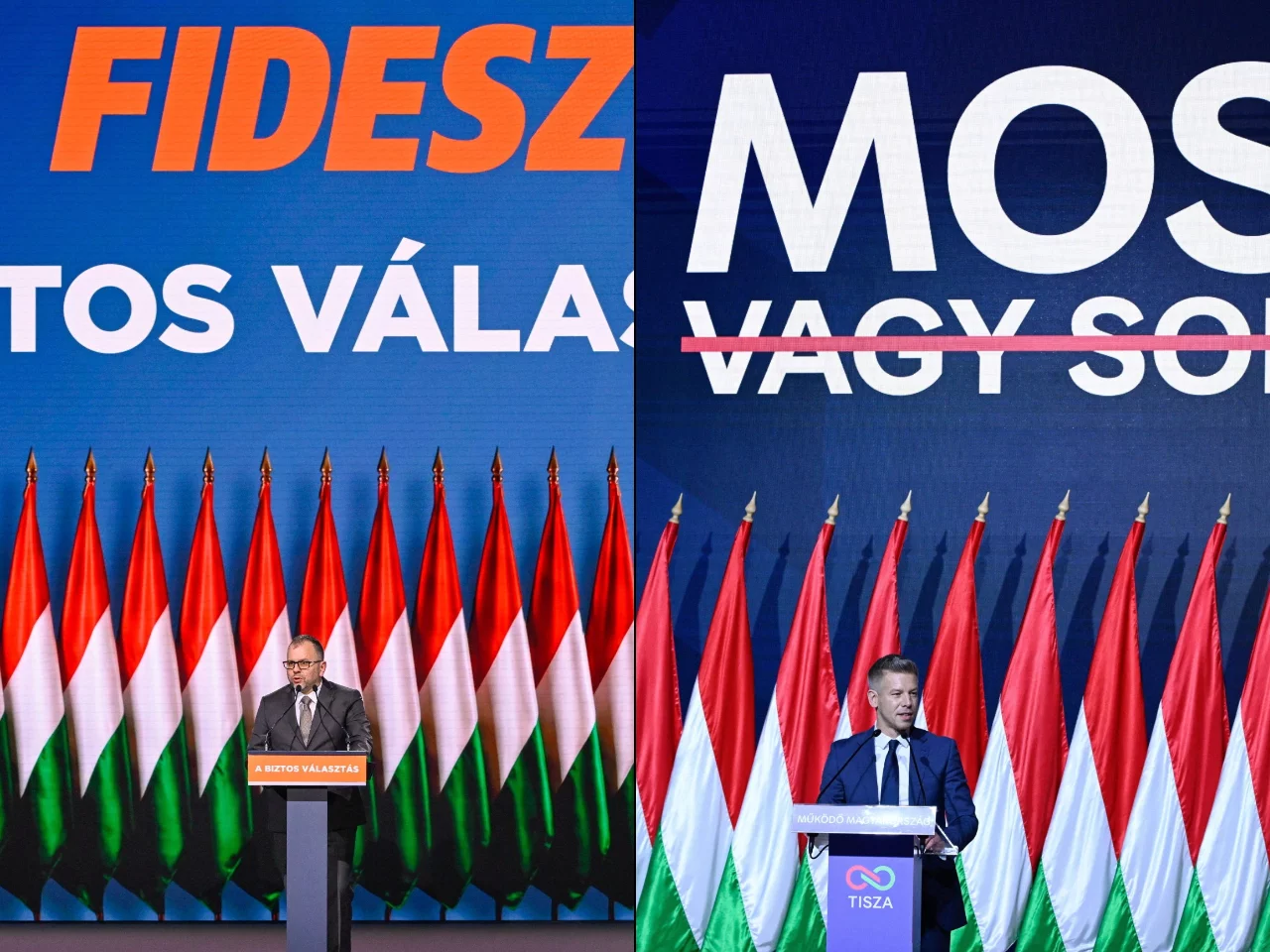 Peter Ory przemawia na tle baneru Fidesz. Peter Magyar, lider TISZY