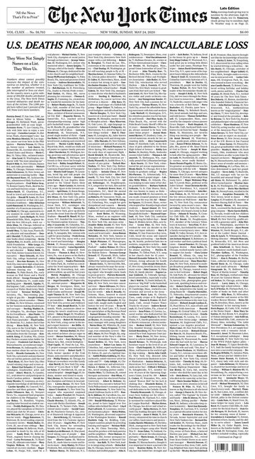 "NYT" oddał hołd ofiarom koronawirusa