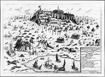 Oblężenie Aten w 1687 roku. Na rycinie zaznaczono trajektorię lotu pocisku z moździerza. Rycina z końca XVII wieku.
