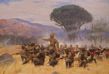 Obraz "Bitwa pod Mahenge" Friedricha Wilhelma Kuhnerta z 1908 roku. Bitwa była częścią powstania Maji-Maji w Niemieckiej Afryce Wschodniej