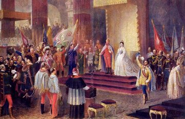 Obraz przedstawiający koronację Franciszka Józefa na króla Węgier. Autor: Edmund Tull
