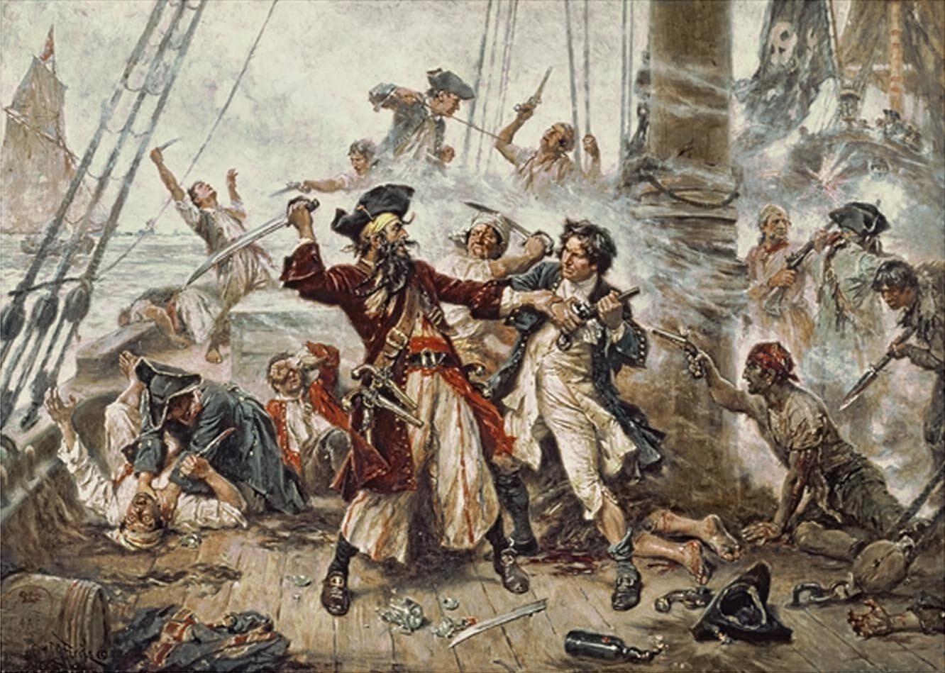 Obraz "Schwytanie pirata, Czarnobrody, 1718" autorstwa Jeana Leona Gerome'a Ferrisa