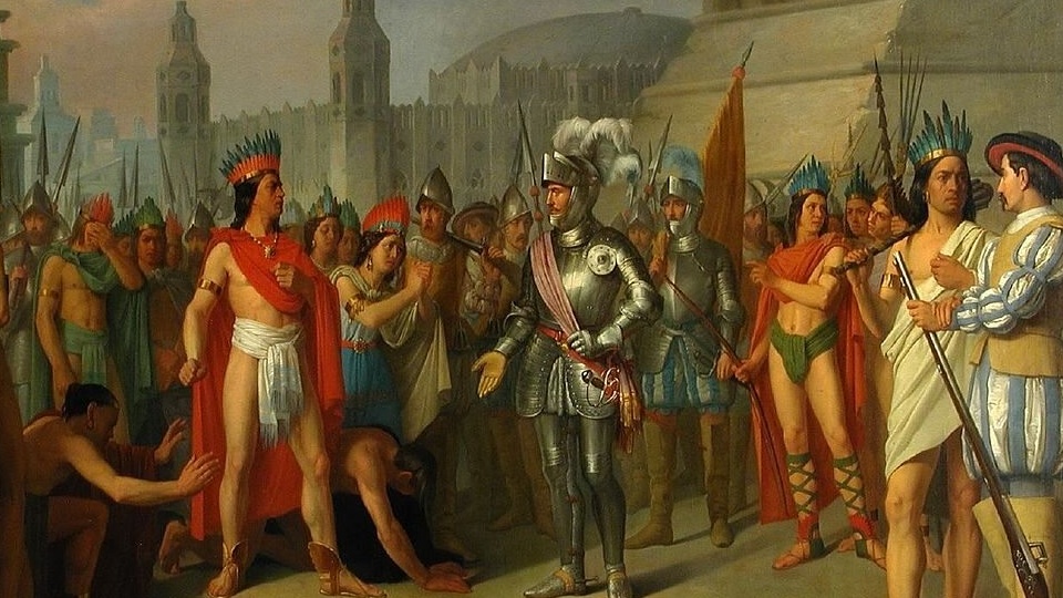 Cuauhtémoc i  Hernán Cortés na obrazie przedstawiającym moment upadku stolicy państwa Azteków - 13 sierpnia 1521 r. Autor: Carlos Esquivel y Rivas