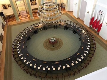 Okrągły Stół ustawiony w Sali Kolumnowej w Pałacu Prezydenckim w Warszawie z okazji 30. rocznicy rozpoczęcia obrad, 6 lutego 2019
