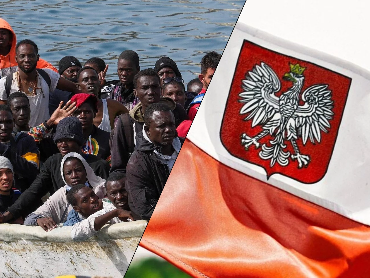 Imigranci płynący do Europy/ Flaga Polski z godłem