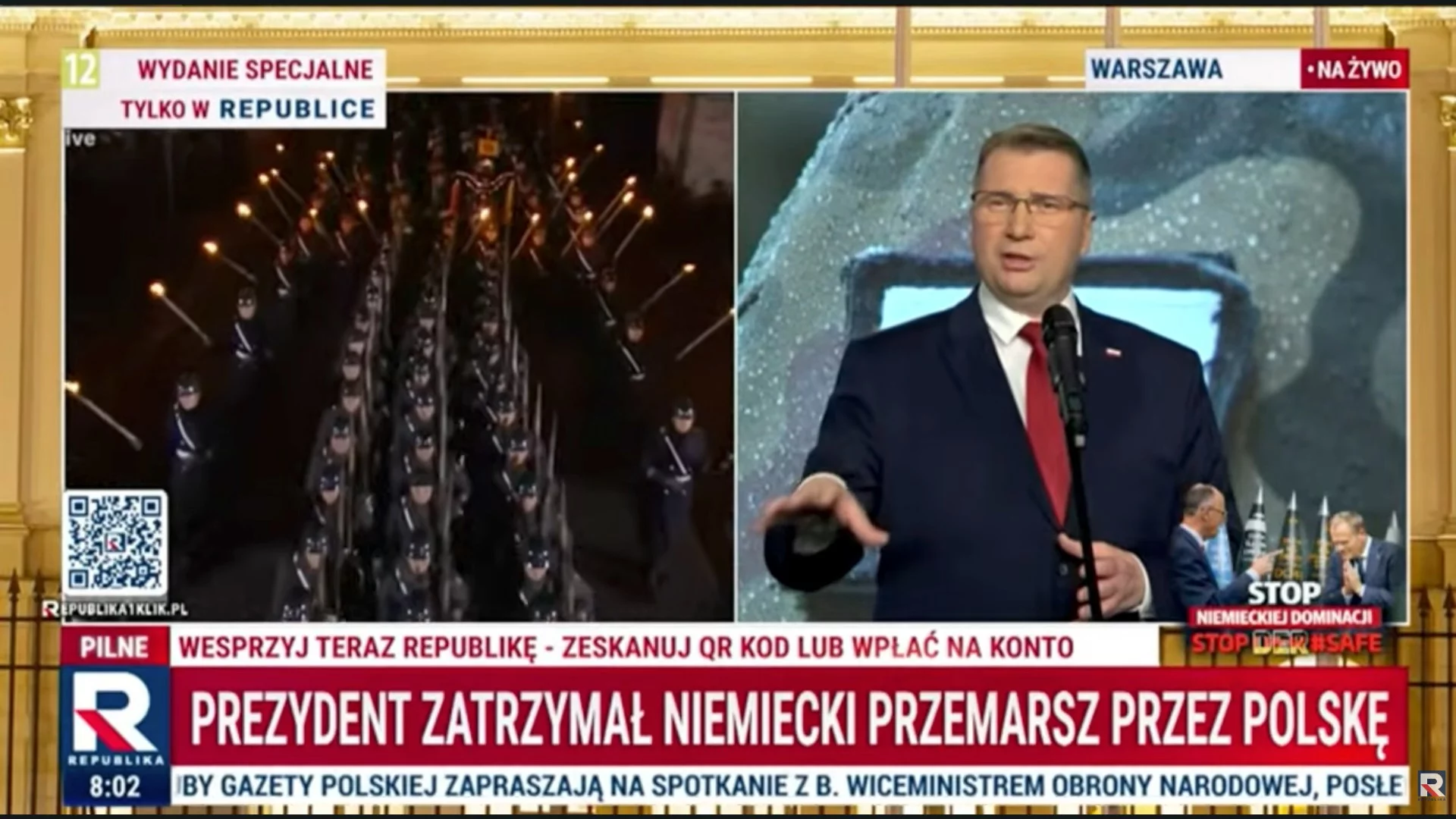 Konferencja Przemysława Czarnka (PiS) transmitowana w TV Republika. Obok marsz z pochodniami w Niemczech, marzec 2026 r.