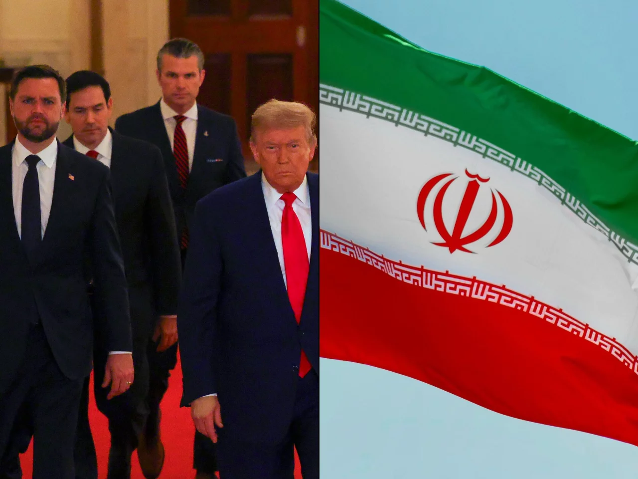 Prezydent USA Donald Trump z wiceprezydentem, szefem Pentagonu i sekretarzem stanu / flaga Iranu