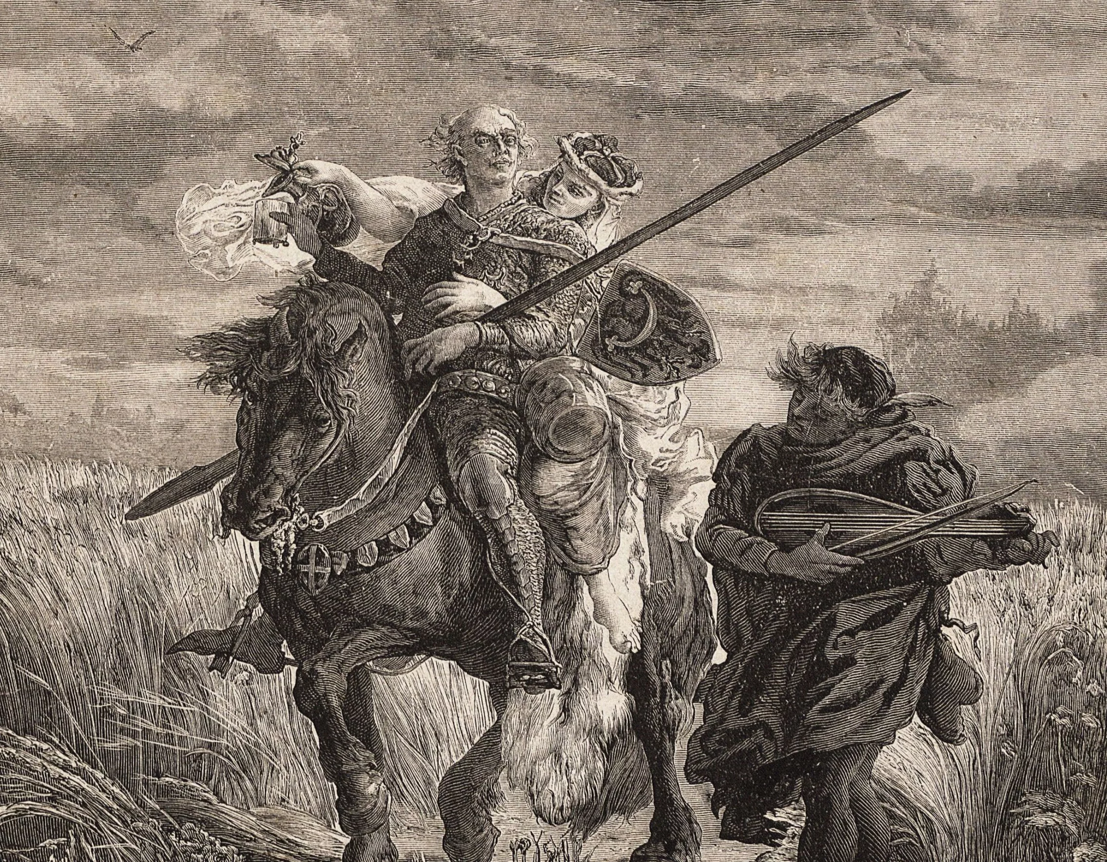 Bolesław Łysy Rogatka, książę legnicki, z Zofią de Doren i swym ulubionym lutnistą. Drzeworyt na podstawie rysunku Jana Matejki, 1879