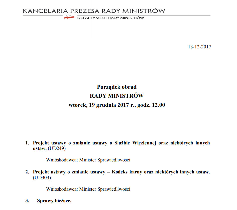 Posiedzenie odbędzie się 19.12 w KPRM