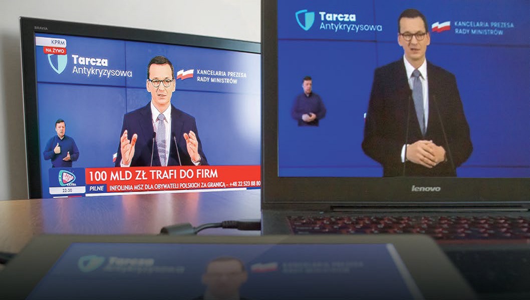 Premier Mateusz Morawiecki podczas prezentacji Tarczy Antykryzysowej