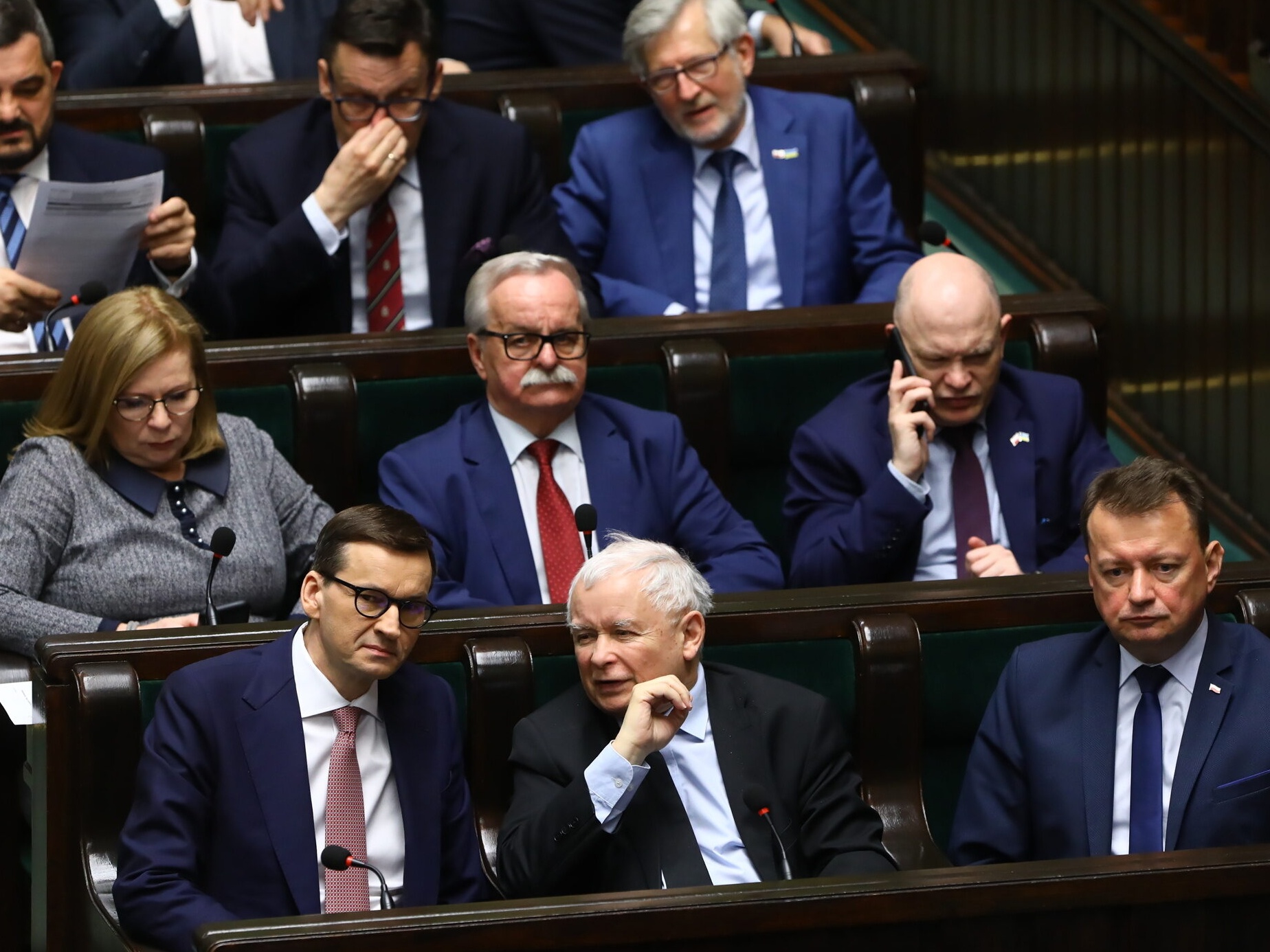 Premier Mateusz Morawiecki, prezes PiS Jarosław Kaczyński i szef MON Mariusz Błaszczak w Sejmie