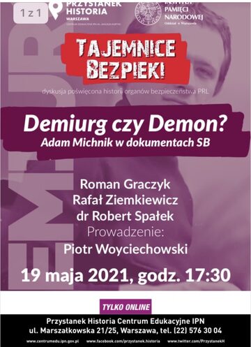 Plakat promujący spotkanie w IPN poświęcone osobie Adama Michnika