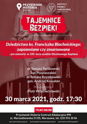 Plakat promujący spotkanie w IPN poświęcone osobie ks. Franciszka Blachnickiego