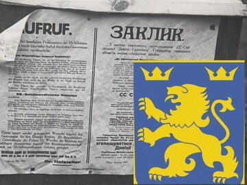 Plakat werbunkowy do SS-Galizien w języku niemieckim i ukraińskim podpisany przez starostę Hofstettera z maja1943 r. oraz Tarcza naramienna ukraińskiego ochotnika w Waffen-SS