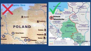 Po lewej: mapa Polski przedstawiona w serialu Netflixa. Po prawej: mapa udostępniona przez MSZ