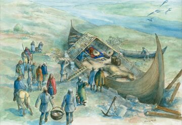 Pochówek statku Storhaug w 779 r. (Ilustracja: Eva Gjerde; Muzeum Archeologiczne Uniwersytetu w Stavanger)