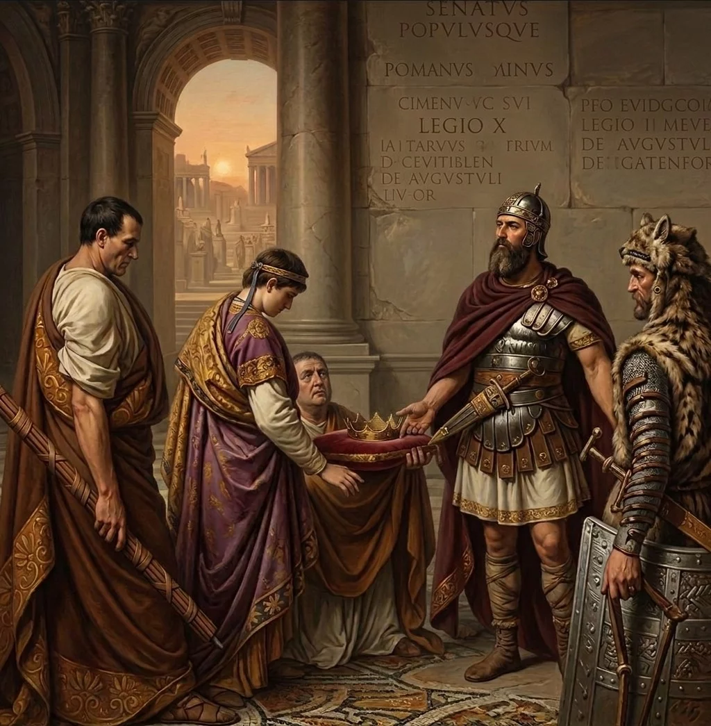 Odoaker domaga się detronizacji Romulusa Augustulusa. Grafika ilustracyjna na podstawie: Bernhard Mörlins [w:] "Cyclopedia of Universal History" / Obraz wygenerowany przez AI