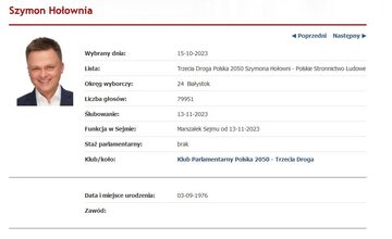Podstrona Szymona Hołowni na witrynie Sejmu