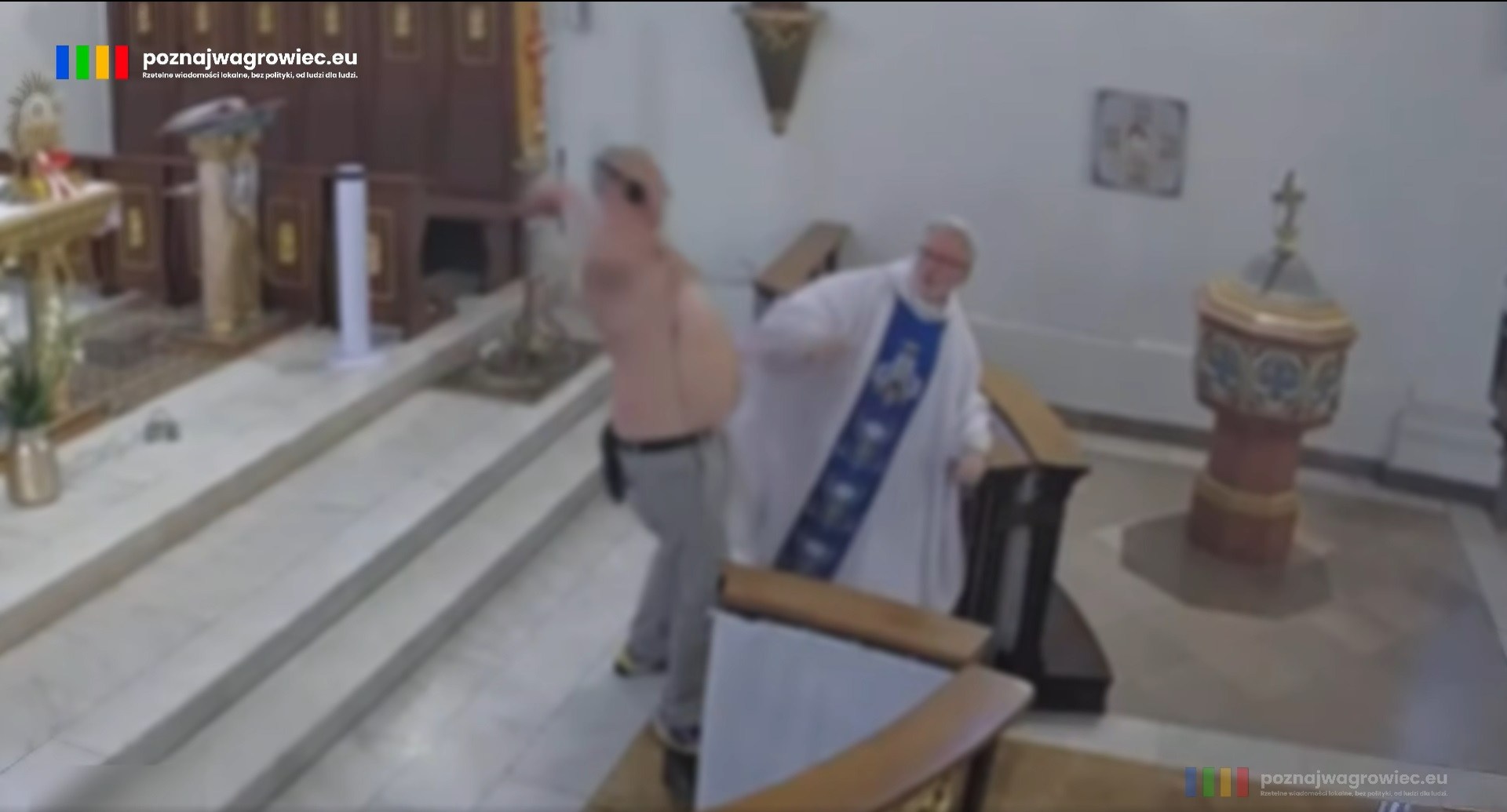 Półnagi mężczyzna wtargnął do kościoła. Zaatakował księdza i połamał krzyż