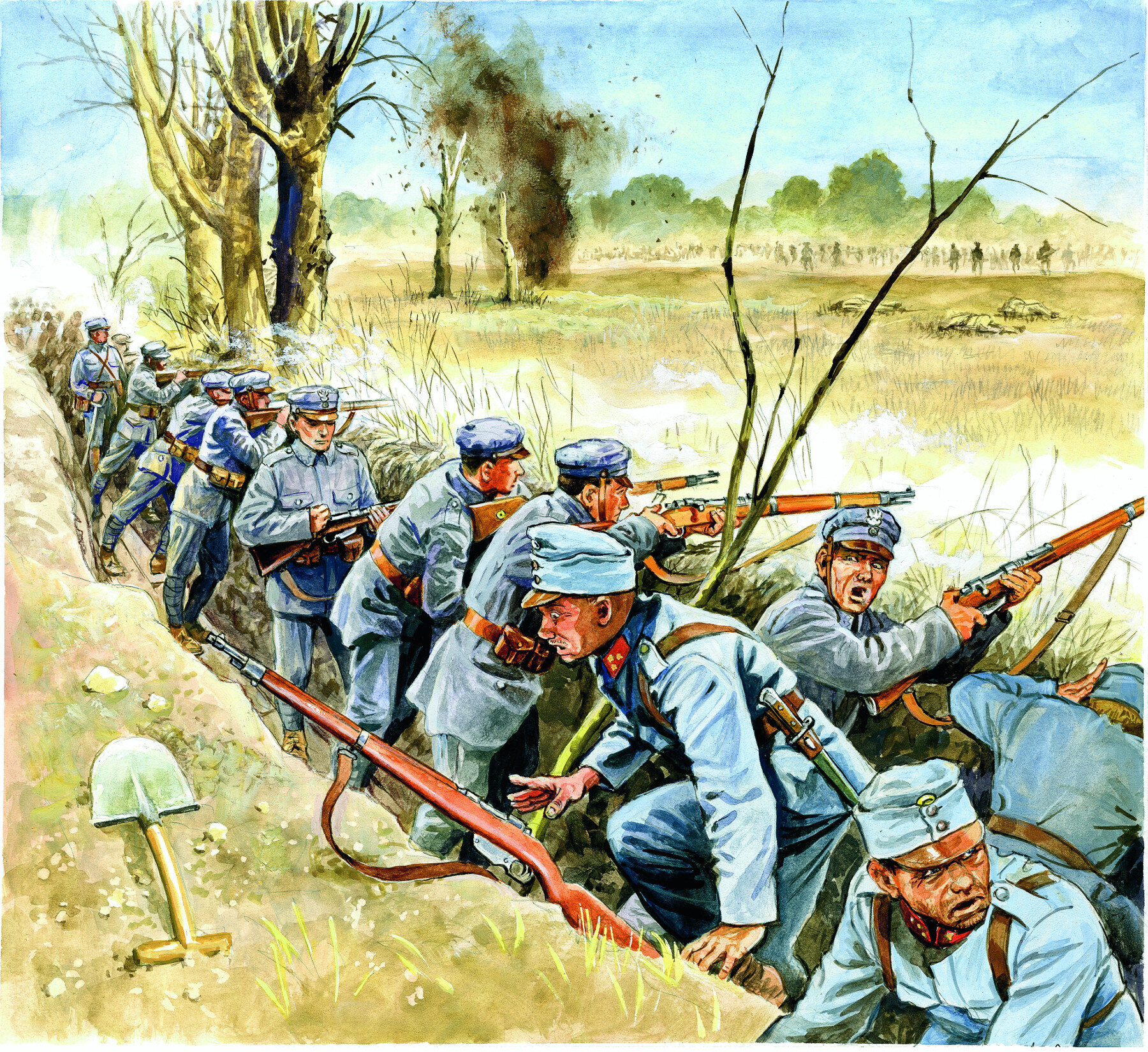 Polscy legioniści podczas walk w okopach i uciekający Austriacy