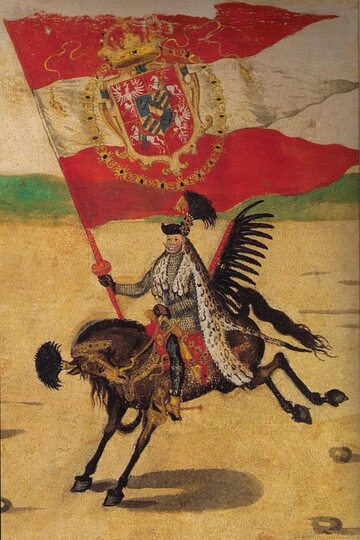 Polska chorągiew. Sebastian Sobieski – chorąży wielki koronny, podczas ceremonii w Krakowie w 1605