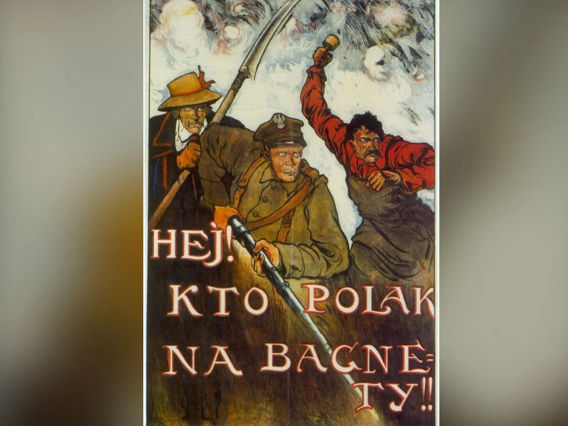 "Hej Kto Polak na bagnety" plakat propagandowy Kamila Mackiewicza z 1920 roku wydany w związku z wojna polsko-rosyjską