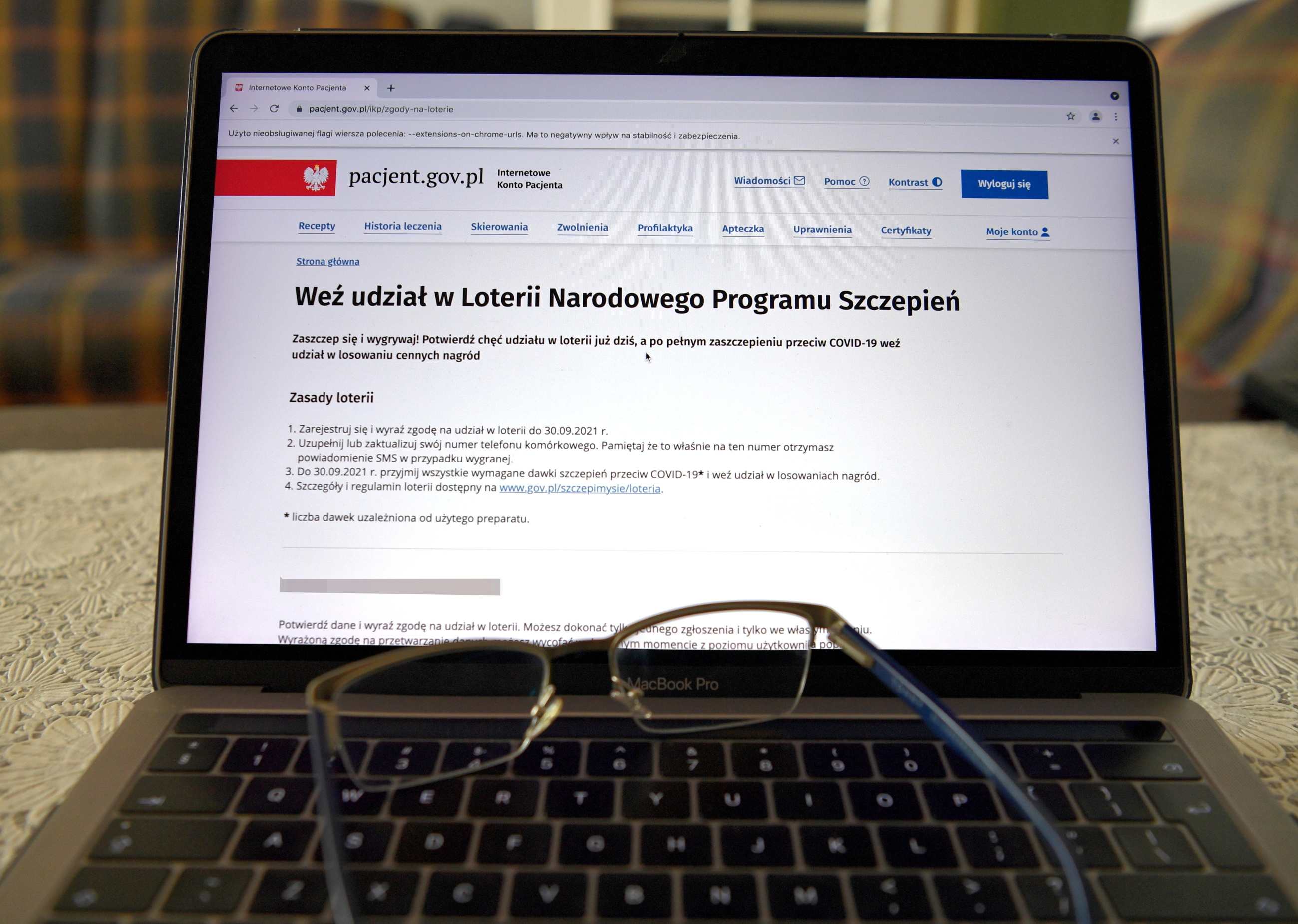 Strona internetowego konta pacjenta. Poprzez konto można wziąć udział w Loterii Narodowego Programu Szczepień