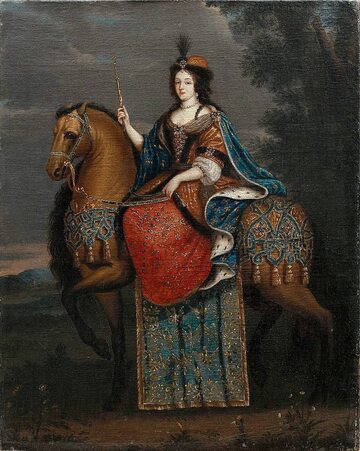 Portret królowej Marii Kazimiery w stroju koronacyjnym na koniu