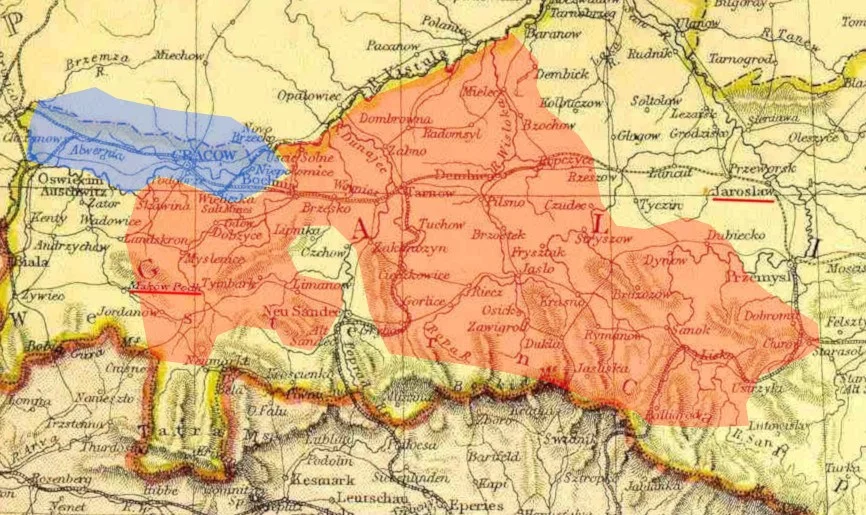 Obszar Galicji objęty powstaniem chłopskim (czerwony) w odniesieniu do powstania krakowskiego (niebieski)