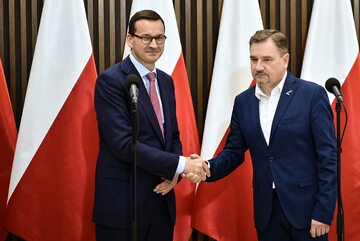 premier Mateusz Morawicki i przewodniczący NSZZ "Solidarność" Piotr Duda