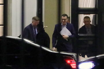 Premier Mateusz Morawiecki opuszcza Pałac Prezydencki po spotkaniu z prezydentem Andrzejem Dudą