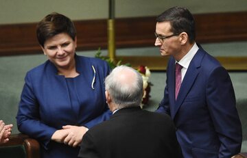 Premier Mateusz Morawiecki, wicepremier Beata Szydło oraz prezes PiS Jarosław Kaczyński